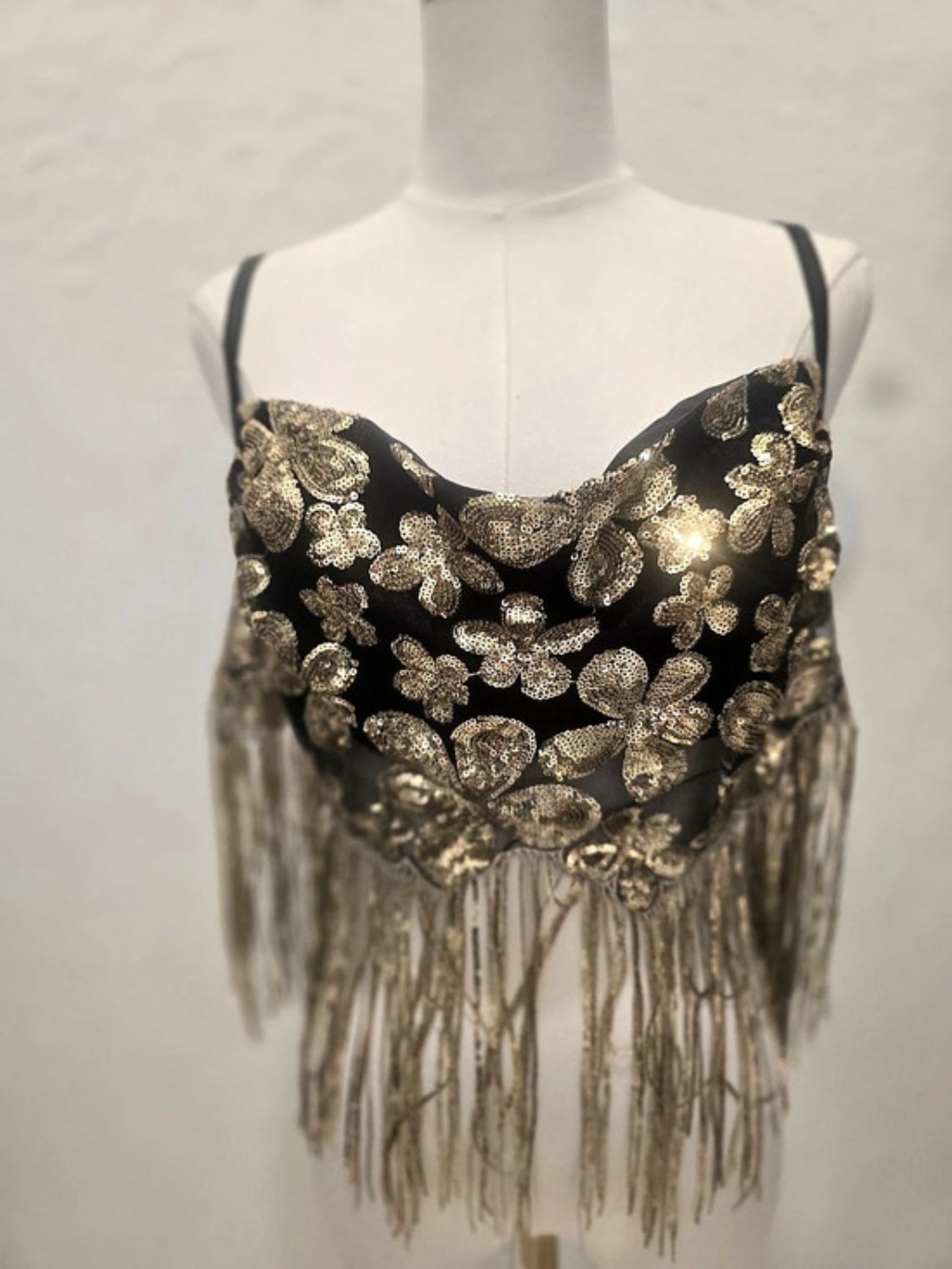 For Love & Lemons XL Gold Sequin Fringe Crop Top